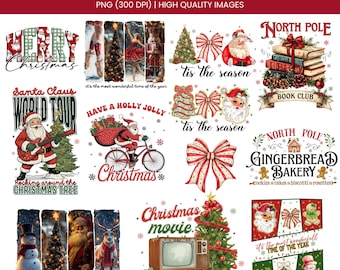 Puede incluir: Un conjunto de imágenes PNG de Navidad retro. Los diseños incluyen a Papá Noel, árboles de Navidad, lazos y texto como "Merry Christmas", "North Pole" y "Gingerbread Bakery". Imágenes de alta calidad para proyectos navideños.