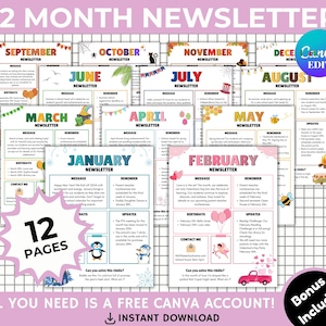 Plantilla de boletín informativo totalmente editable de paquete de 12 meses, noticias anuales, folleto de regreso a clases, boletín informativo con plantilla de Canva, nota para el maestro, aula