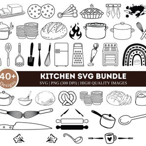 May include: A black and white line art illustration set of 40+ kitchen items, including a loaf of bread, a rolling pin, a kitchen knife, a whisk, a spatula, a ladle, a measuring cup, a measuring spoon, a mixing bowl, a pot, a pan, a kettle, a pie, a cookie, a pretzel, a rainbow, a grater, a piping bag, a stove, a refrigerator, a spatula, a spoon, a fork, a knife, a chopping board, a teacup, and a heart. The text "40+ Designs" and "KITCHEN SVG BUNDLE" is also included in the image.