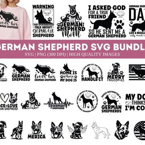 May include: A collection of German Shepherd-themed SVG designs. The designs include silhouettes of German Shepherds, paw prints, and text such as "loves her German Shepherd" and "German Shepherd Mom". The designs are in black and white.