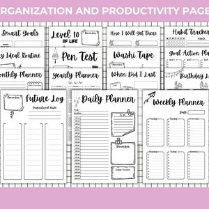 Peut inclure: Plusieurs pages de planificateur en noir et blanc, avec des titres tels que "Smart Goals", "Monthly Planner" et "Weekly Planner". Ces pages sont con&ccedil;ues pour l'organisation et la productivit&eacute;, avec des sections pour la d&eacute;finition d'objectifs, le suivi des habitudes et la planification quotidienne. Le texte "ORGANIZATION AND PRODUCTIVITY PAGES" est en haut.