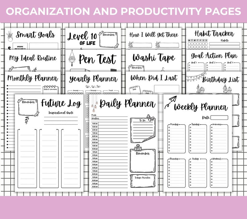 Peut inclure: Plusieurs pages de planificateur en noir et blanc, avec des titres tels que "Smart Goals", "Monthly Planner" et "Weekly Planner". Ces pages sont con&ccedil;ues pour l'organisation et la productivit&eacute;, avec des sections pour la d&eacute;finition d'objectifs, le suivi des habitudes et la planification quotidienne. Le texte "ORGANIZATION AND PRODUCTIVITY PAGES" est en haut.