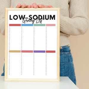 May include: A printable grocery list with the title "LOW-SODIUM Grocery List" in black text. The list is divided into four columns with colored lines at the top of each column. The list is ready to be filled in with groceries.