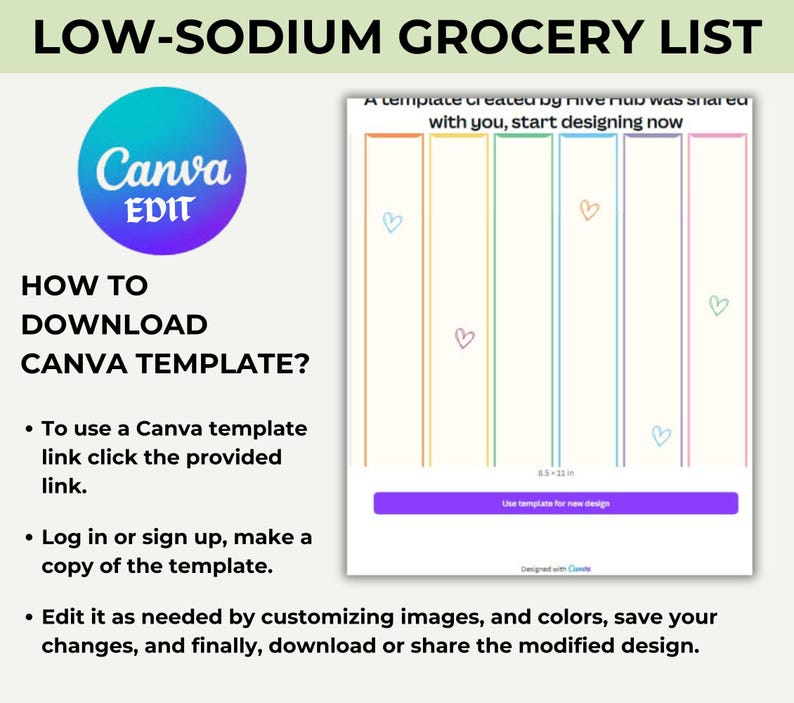 May include: A Canva template for a low-sodium grocery list. The template has five columns with colorful lines and hearts. The text "A template created by rive hub was shared with you, start designing now" is at the top of the template. The text "Use template for new design" is on a purple button at the bottom of the template.