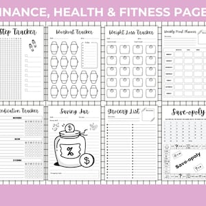 Peut inclure: Ensemble de huit pages imprimables en noir et blanc pour la finance, la sant&eacute; et la forme physique. Les pages comprennent des suivis pour les pas, les entra&icirc;nements, la perte de poids, les repas hebdomadaires, les m&eacute;dicaments, l'&eacute;pargne, l'&eacute;picerie et un jeu "Save-opoly".