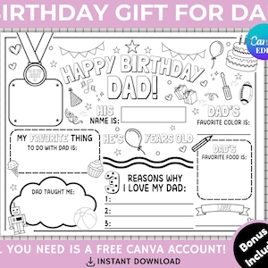 Kleurplaat gelukkige verjaardag papa, placemat verjaardagscadeau papa, activiteitenblad, alles over opvullers, papakaart, afdrukbaar cadeau papa voor kinderen