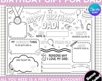 Happy Birthday Dad Coloring Page, Birthday Dad Placemat Activity Sheet, All About  Fill-in-blanks,  Dad Card, Dad’s printable gift for Kids