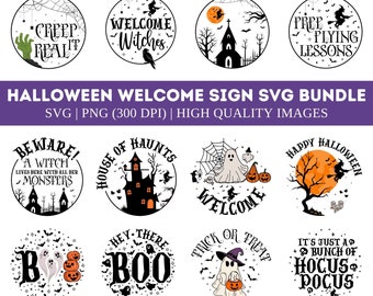 May include: A Halloween-themed SVG bundle featuring circular designs with spooky illustrations and text. Designs include phrases like "Creep Real It," "Welcome Witches," and "Trick or Treat," along with images of ghosts, bats, and witches.