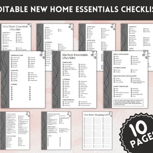 May include: A printable checklist for new homeowners with 10 pages of essential items to buy for the kitchen, bathroom, living room, and more. The checklist is organised by room and includes checkboxes for each item.