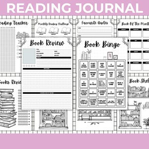 Peut inclure: Un journal de lecture en noir et blanc avec diverses pages pour suivre les progr&egrave;s de lecture, y compris un suivi de lecture, une critique de livre, un bingo de livre et des pages d'&eacute;tag&egrave;re de livres. Le journal comprend le texte "READING JOURNAL".