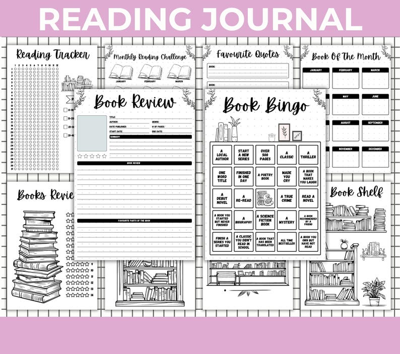 Peut inclure: Un journal de lecture en noir et blanc avec diverses pages pour suivre les progr&egrave;s de lecture, y compris un suivi de lecture, une critique de livre, un bingo de livre et des pages d'&eacute;tag&egrave;re de livres. Le journal comprend le texte "READING JOURNAL".