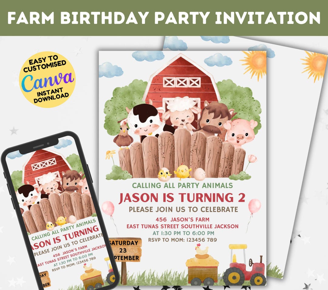 EDITABLE Farm Birthday Invitation, Barn Animals Party Invite Template ...