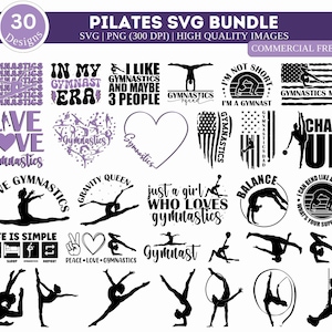 May include: A set of 30 black and white SVG designs featuring various gymnastics poses and motivational quotes. The designs include phrases like "I Love Gymnastics", "Just a Girl Who Loves Gymnastics", and "Chalk Up".