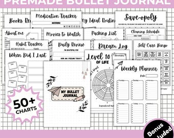 Printable Bullet Journal, Premade Bujo template, Bullet Journal Pages, Daily Weekly Monthly Habit Mood Trackers, Printable Tracker
