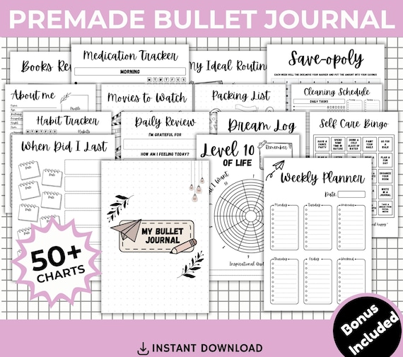 Printable Bullet Journal, Premade Bujo template, Bullet Journal Pages, Daily Weekly Monthly Habit Mood Trackers, Printable Tracker