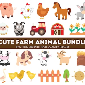 Ensemble mignon animaux de la ferme SVG PNG | Animaux Svg | Cochon Mouton Cheval Âne Vache Poulet Svg| Svg bébé animaux de la ferme | Ferme Svg | Animaux de la basse-cour Svg