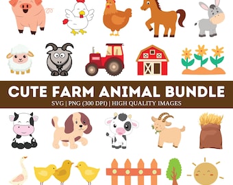 May include: A set of cute farm animal illustrations, including a pig, chicken, horse, donkey, sheep, goat, cow, dog, and a tractor. The illustrations are in a cartoon style and are perfect for use in children's books, crafts, or other projects.
