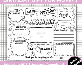 Página para colorear imprimible de Feliz Cumpleaños Mamá, Plantilla Todo sobre Mamá, Actividad de Cumpleaños de Mamá, Mantel Individual Imprimible de Feliz Cumpleaños Mamá