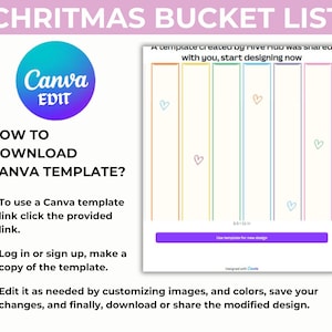Pu&ograve; includere: Un design del modello Canva con il testo "Christmas Bucket List". Il design include un logo Canva, istruzioni su come scaricare il modello e una sezione per una lista dei desideri con linee verticali colorate e icone a forma di cuore.