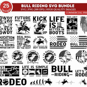 Może przedstawiać: Zestaw 25 czarno-białych wzorów SVG z motywami rodeo. Wzory zawierają frazy takie jak "Howdy", "Future Bull Rider", "Kick the Dust", "Life is Better in Boots", "This Ain't My First Rodeo", "Education is Important But Bull Riding is Importanter", "Real Bull Riders Do Their Best", "Bull Riding Dad", "Rodeo", "Bull Riding", "I Ride Bulls", "Never Underestimate an Old Man Who Loves Bull Riding", "It's a Beautiful Day for Bull Riding", "I'd Rather Be Bull Riding", "Best Rodeo Dad Ever", "Life is Simple Eat Sleep Rodeo Repeat", "Bull Riding", "Let's Rodeo", and "Rodeo".