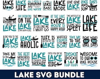Op de afbeelding: Een verzameling van 20 SVG-ontwerpen met een lake-thema met tekst en illustraties. De ontwerpen bevatten zinnen zoals "Lake Life", "Lake Mode", "Lake Aholic" en "Take Me to the Lake".