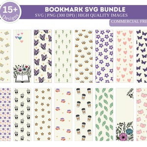 Könnte beinhalten: Ein Set mit 15 druckbaren Lesezeichen-Designs mit verschiedenen Mustern, darunter Schmetterlinge, Sterne, Blumen, Kronen, Bücher, Kaffeetassen und Blätter. Die Lesezeichen sind im Hochformat und perfekt, um Ihrer Leseerfahrung eine persönliche Note zu verleihen.