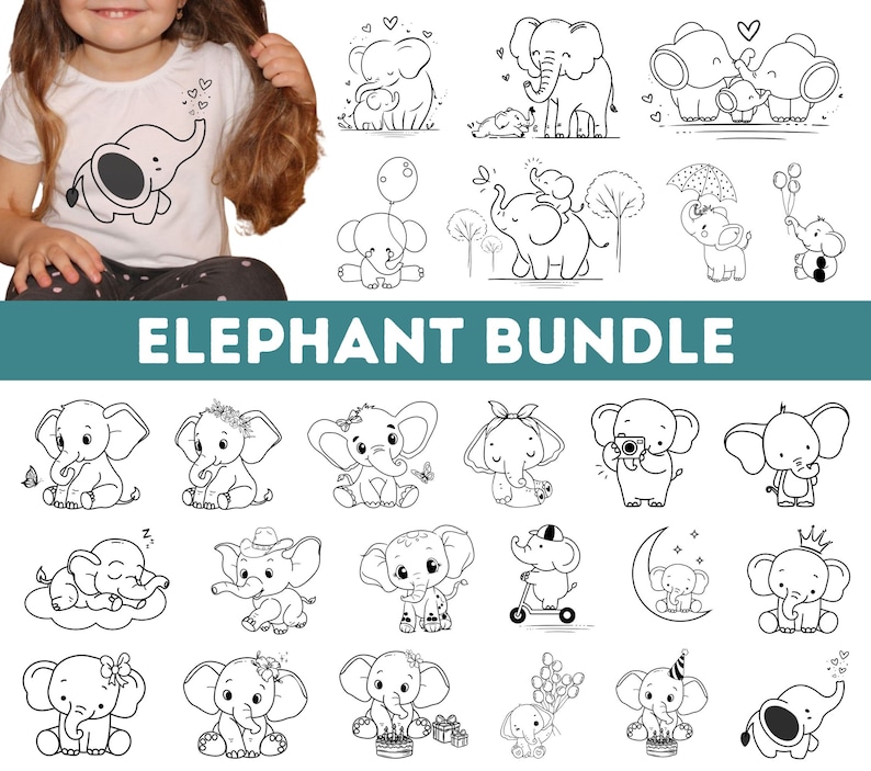 Baby Elephant SVG Bundle| Cute Elephant Girl SVG Bundle| Elephant Outline| Baby Shower Girl Shirt| Bodysuit Kawaii Animal Silhouette Cricut image 1