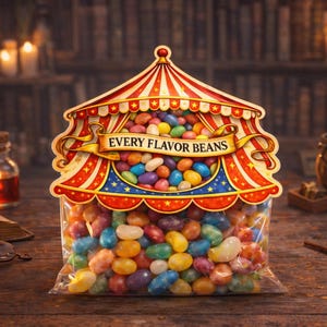 May include: A bag of colourful jelly beans with a circus-themed label reading "Every Flavor Beans." The label is red, white, and blue with gold detailing. The background features a wooden table, books, candles, and a cauldron, creating a magical atmosphere.