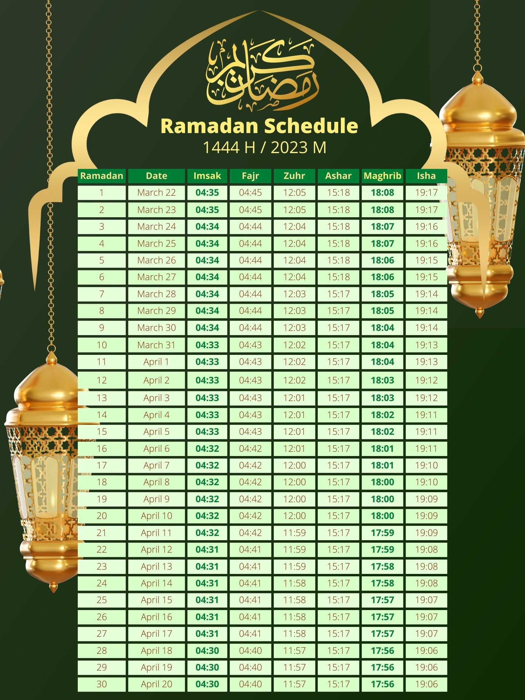 Calendrier Ramadan 2023 -  France