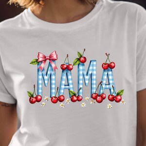 Mama Schleife Kirsche PNG rosa kokett Bogen Cliparts niedlich Blumen blau kariert Design Retro Kirsche Sublimation ästhetisches Muttertagsgeschenk für Mama