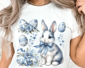 blue floral toile easter bunny png girls coquette easter rabbit clipart happy easter grand millenial design Chinoiserie floral sublimation