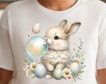 coquette bunny png blowing bubble gum blue clipart happy easter cute rabbit design spring floral kids graphics sublimation instant download