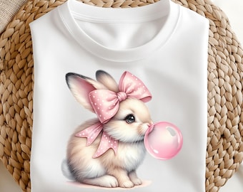 bubble gum bunny bow png coquette easter rabbit blowing bubble gum clipart cute happy easter design retro kids sublimation art spring shirt