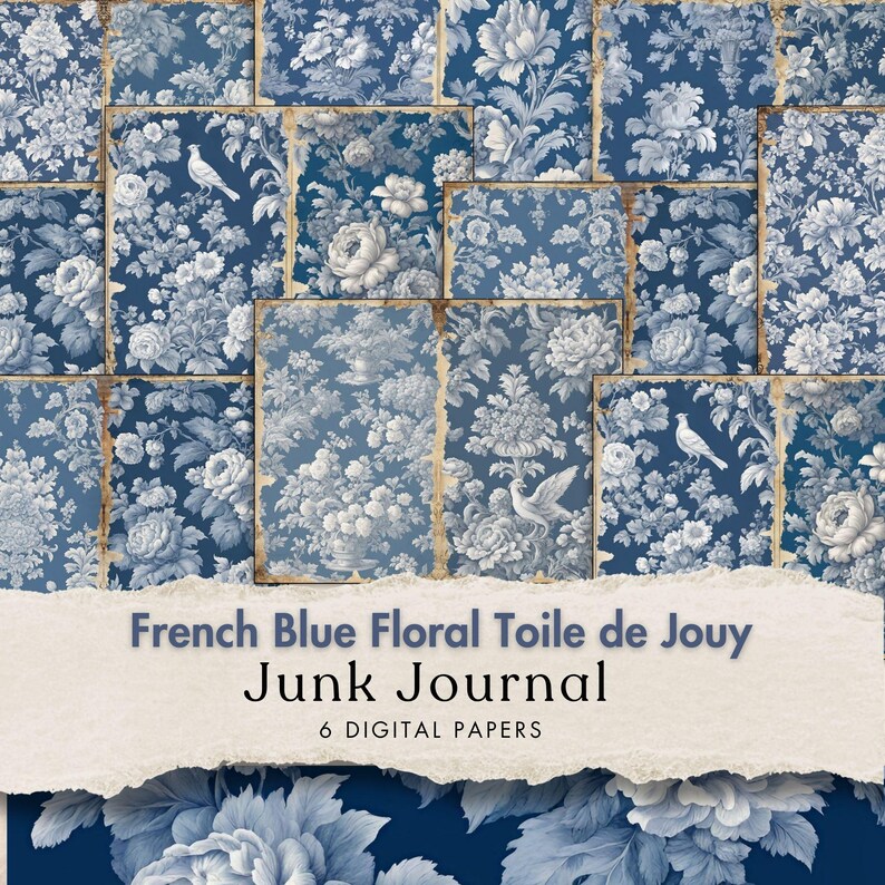 French Blue Floral Toile De Jouy Digital Paper Blue Toile Junk Journal ...