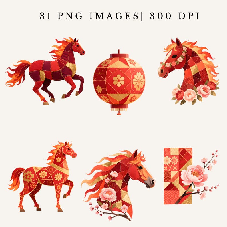 Chinese New Year Horse Clipart Patchwork Lunar Zodiac 2026 PNG ...
