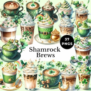 May include: A collection of 37 digital illustrations of coffee and tea drinks decorated with shamrock and clover designs. The text "Shamrock Brews" is displayed in the center of the image.
