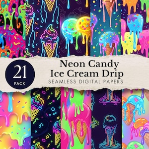 Puede incluir: Una colección de 21 papeles digitales sin costuras con un diseño de goteo de helado de neón. Los papeles presentan colores vibrantes como rosa, azul, amarillo y verde, con conos de helado y helado goteando en una variedad de estilos. Se muestra el texto "Neon Candy Ice Cream Drip".