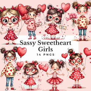 Ragazza stravagante San Valentino Clipart carina ragazza rosa PNG San Valentino bizzarro amore adesivo digitale cuori rossi impertinenti illustrazione divertente PNG
