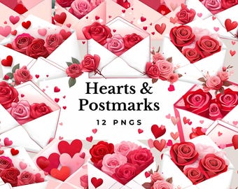 valentines envelope clipart love letters PNG watercolor hearts flowers digital art vintage floral envelope cute illustration scrapbooking