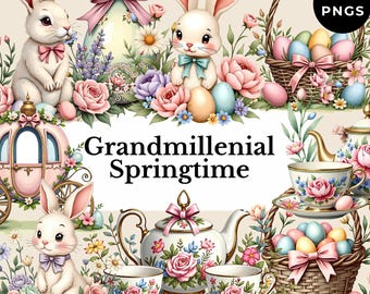 grandmillenial easter clipart coquette easter bunny png watercolor preppy spring art vintage floral decor cute happy easter rabbit design