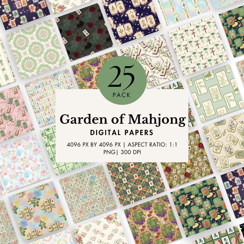 mahjong digital paper floral asian background oriental tiles PNG scrapbook paper watercolor chinese game patterns craft elegant sublimation