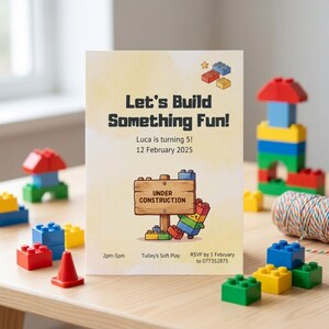 Op de afbeelding: Een rechthoekige verjaardagsuitnodiging met een lichtgele achtergrond, kleurrijke bouwsteenillustraties en de tekst: Let's Build Something Fun! Luca is turning 5! 12 February 2025, Under Construction, 2pm-5pm, Tulley's Soft Play, RSVP by 1 February to 077352875.