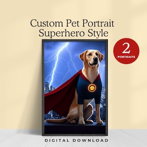 custom pet portrait superhero unique fantasy pet art from photo personalized pet action hero character painting fun gift dog lover cat mom