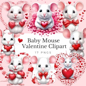 Bebé ratón San Valentín clipart lindos ratones blancos PNG acuarela bebé animal gráficos amor día de San Valentín arte digital romántico descarga instantánea