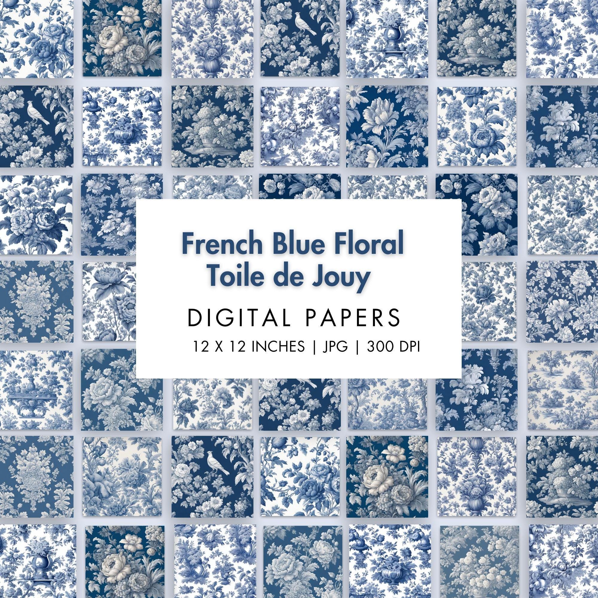 French Blue Floral Toile De Jouy Digital Paper Blue Toile Junk Journal ...