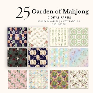 mahjong digital paper floral asian background oriental tiles PNG scrapbook paper watercolor chinese game patterns craft elegant sublimation