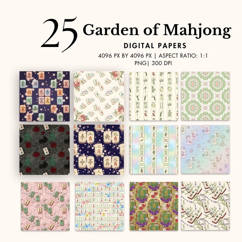mahjong digital paper floral asian background oriental tiles PNG scrapbook paper watercolor chinese game patterns craft elegant sublimation