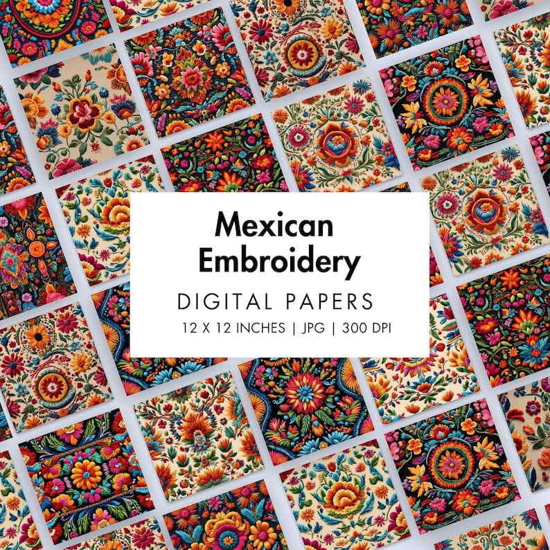 Mexican Embroidery Digital Paper Flowers Pattern Folk Art Background ...