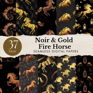 May include: A collection of seamless digital papers with a black and gold color scheme. The designs feature stylized horses, lanterns, and geometric shapes. The text reads "Noir & Gold Fire Horse" and "37 PACK".