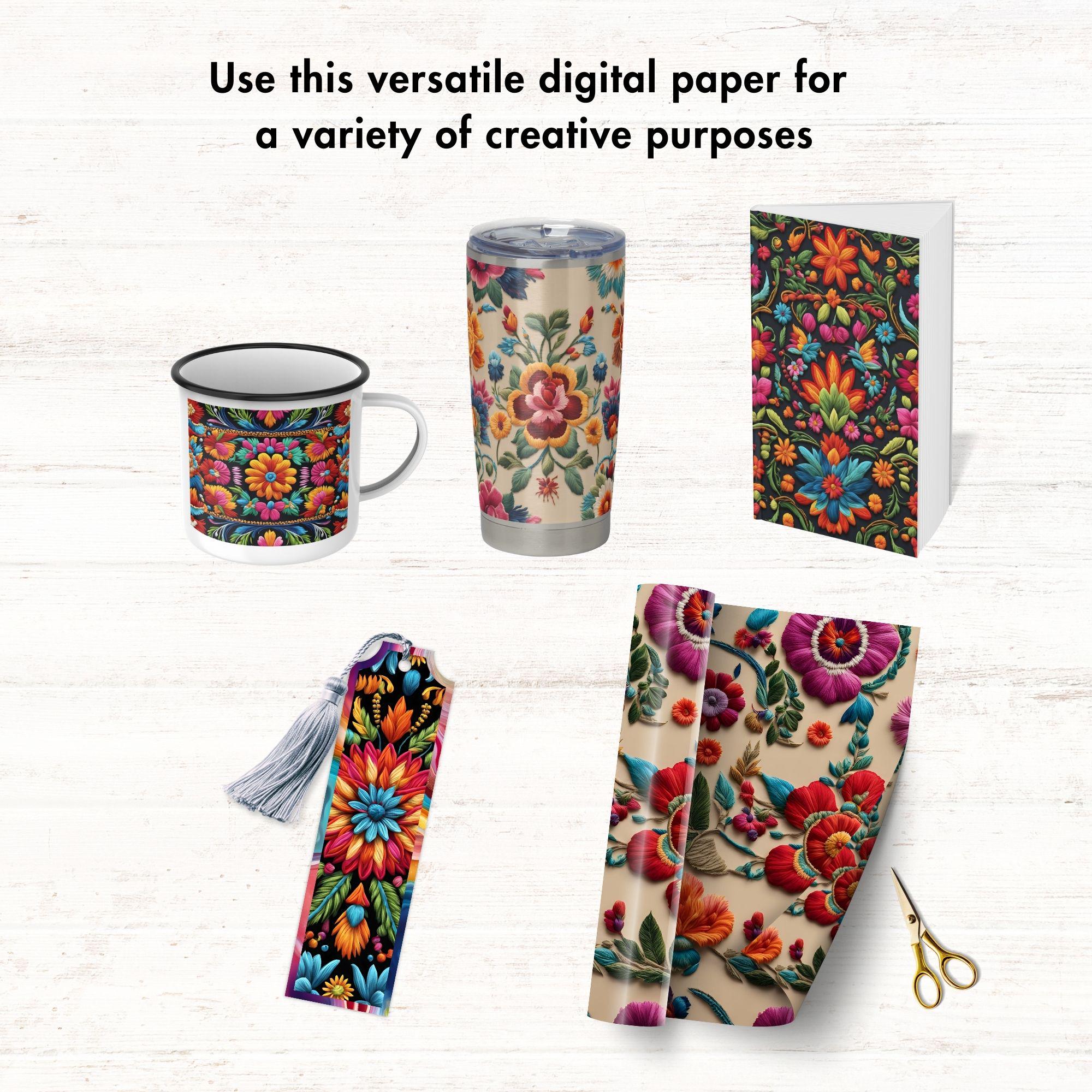 Mexican Embroidery Digital Paper Flowers Pattern Folk Art Background ...
